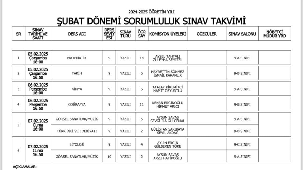 ŞUBAT AYI SORUMLULUK SINAV TAKVİMİ