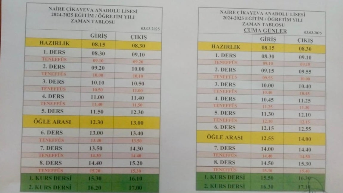 RAMAZAN AYI ZAMAN ÇİZELGESİ